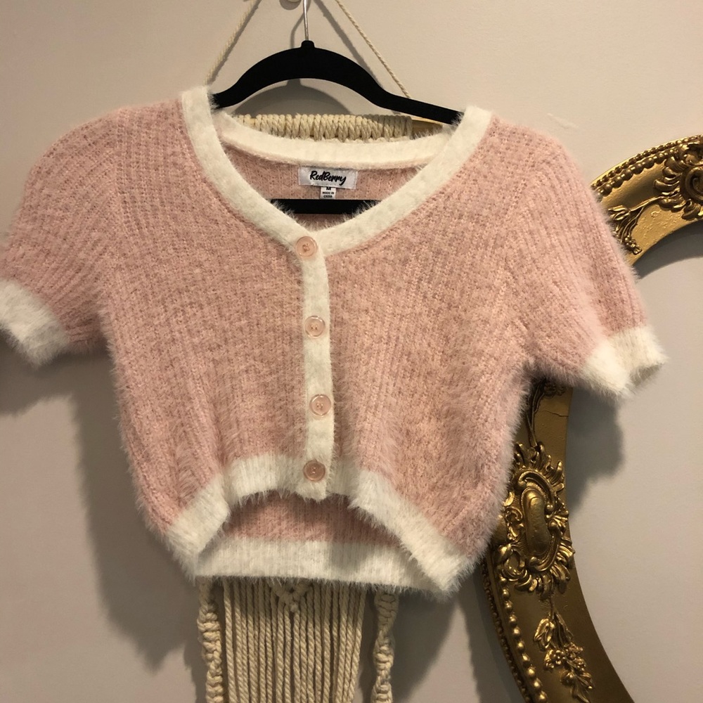 Fuzzy cropped short sleeved sweater